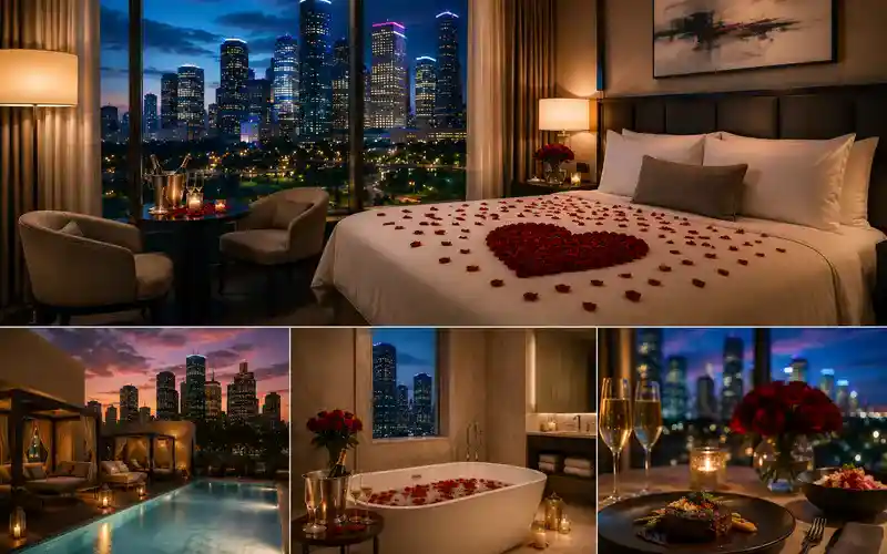 Romantic honeymoon hotel suite in Houston with skyline views, luxury accommodations, rooftop pool, candlelight dining, and elegant romantic experiences for couples